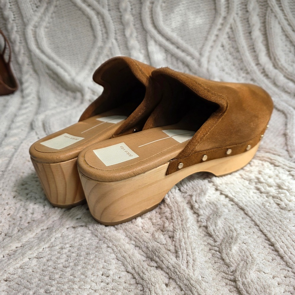 Dolce Vita Clog Mules Brown Suede Studded Wood Platform Womens 7 Excellent - Picture 4 of 6